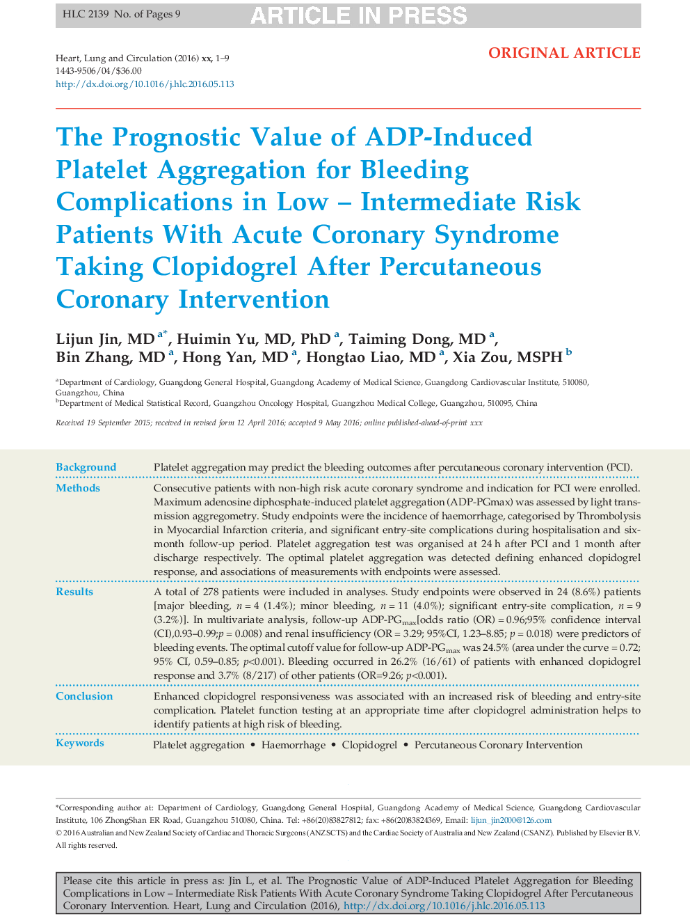 The Prognostic Value of ADP-Induced Platelet Aggregation for Bleeding Complications in Low - Intermediate Risk Patients with Acute Coronary Syndrome Taking Clopidogrel After Percutaneous Coronary Intervention