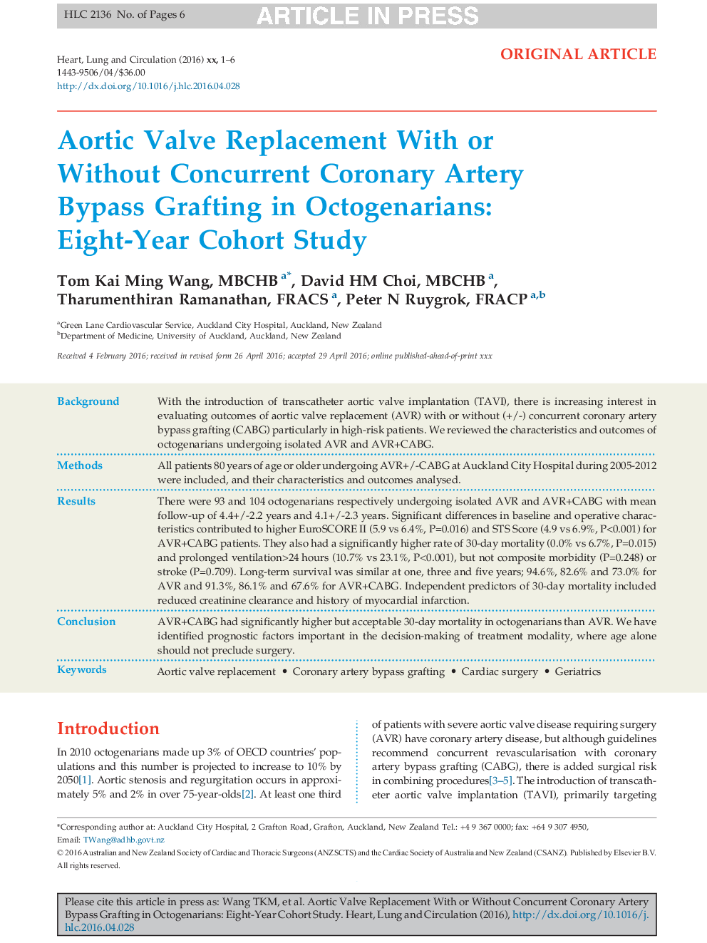 Aortic Valve Replacement With or Without Concurrent Coronary Artery Bypass Grafting in Octogenarians: Eight-Year Cohort Study