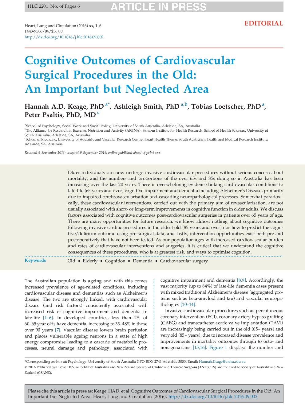 Cognitive Outcomes of Cardiovascular Surgical Procedures in the Old: An Important but Neglected Area