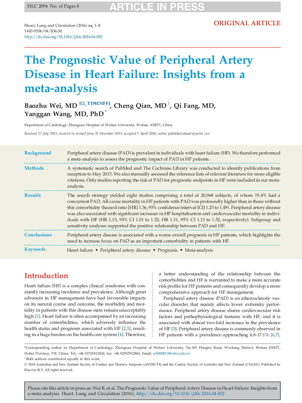 The Prognostic Value of Peripheral Artery Disease in Heart Failure: Insights from a Meta-analysis