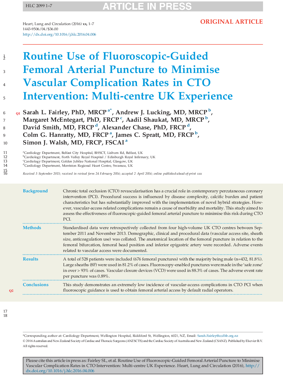 Routine Use of Fluoroscopic-Guided Femoral Arterial Puncture to Minimise Vascular Complication Rates in CTO Intervention: Multi-centre UK Experience