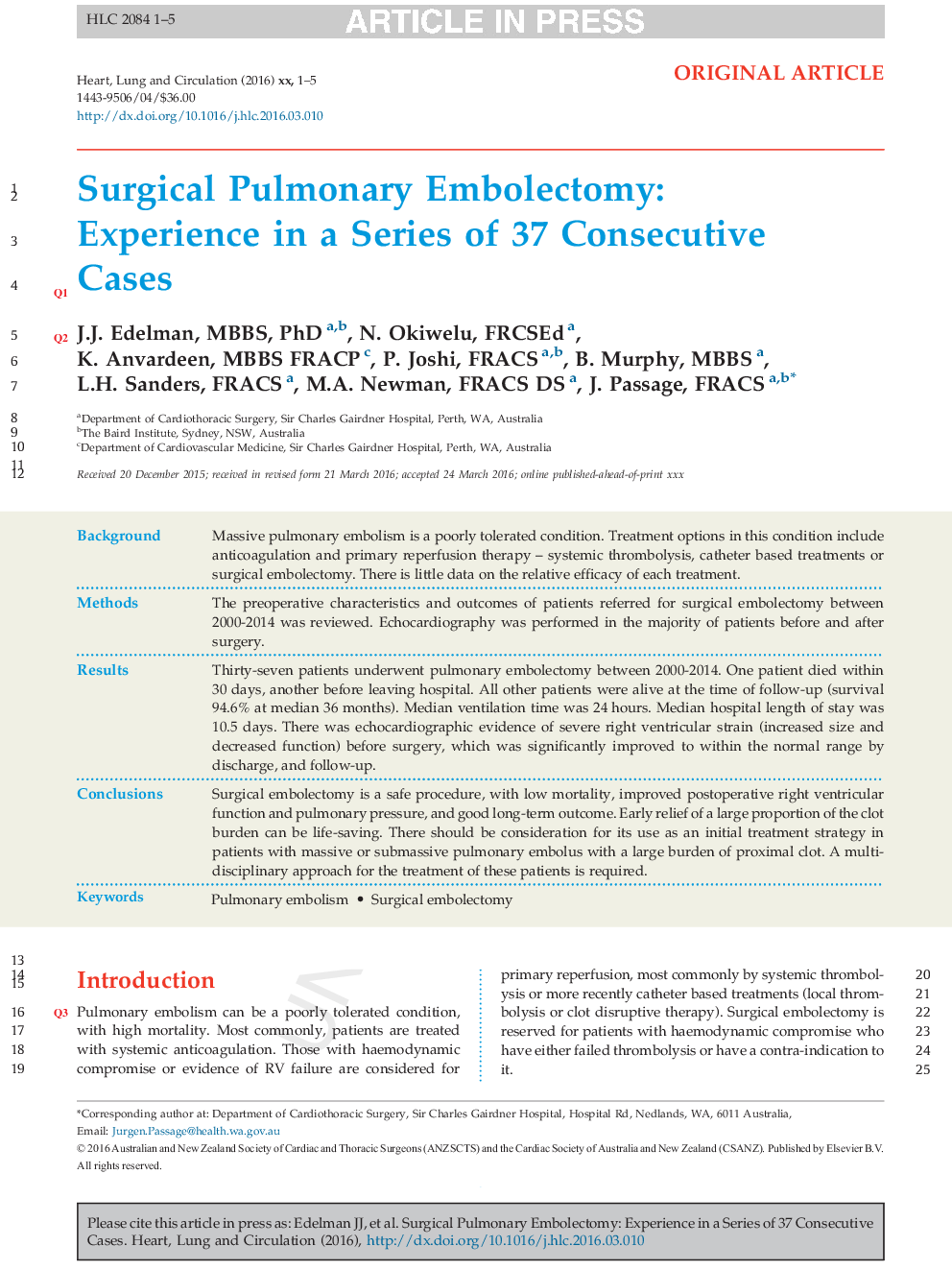 Surgical Pulmonary Embolectomy: Experience in a Series of 37 Consecutive Cases