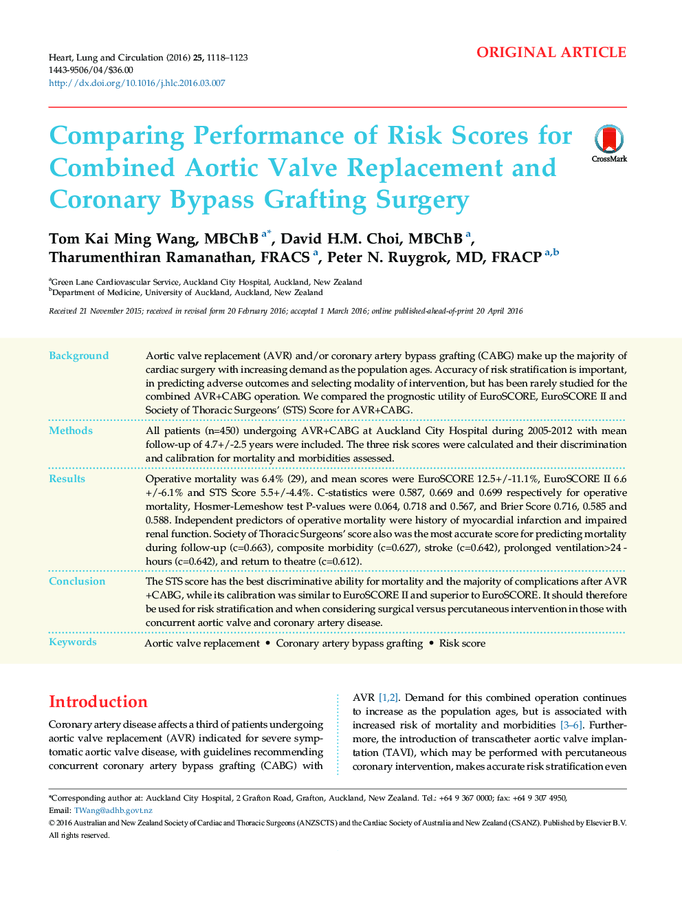 Original ArticleComparing Performance of Risk Scores for Combined Aortic Valve Replacement and Coronary Bypass Grafting Surgery