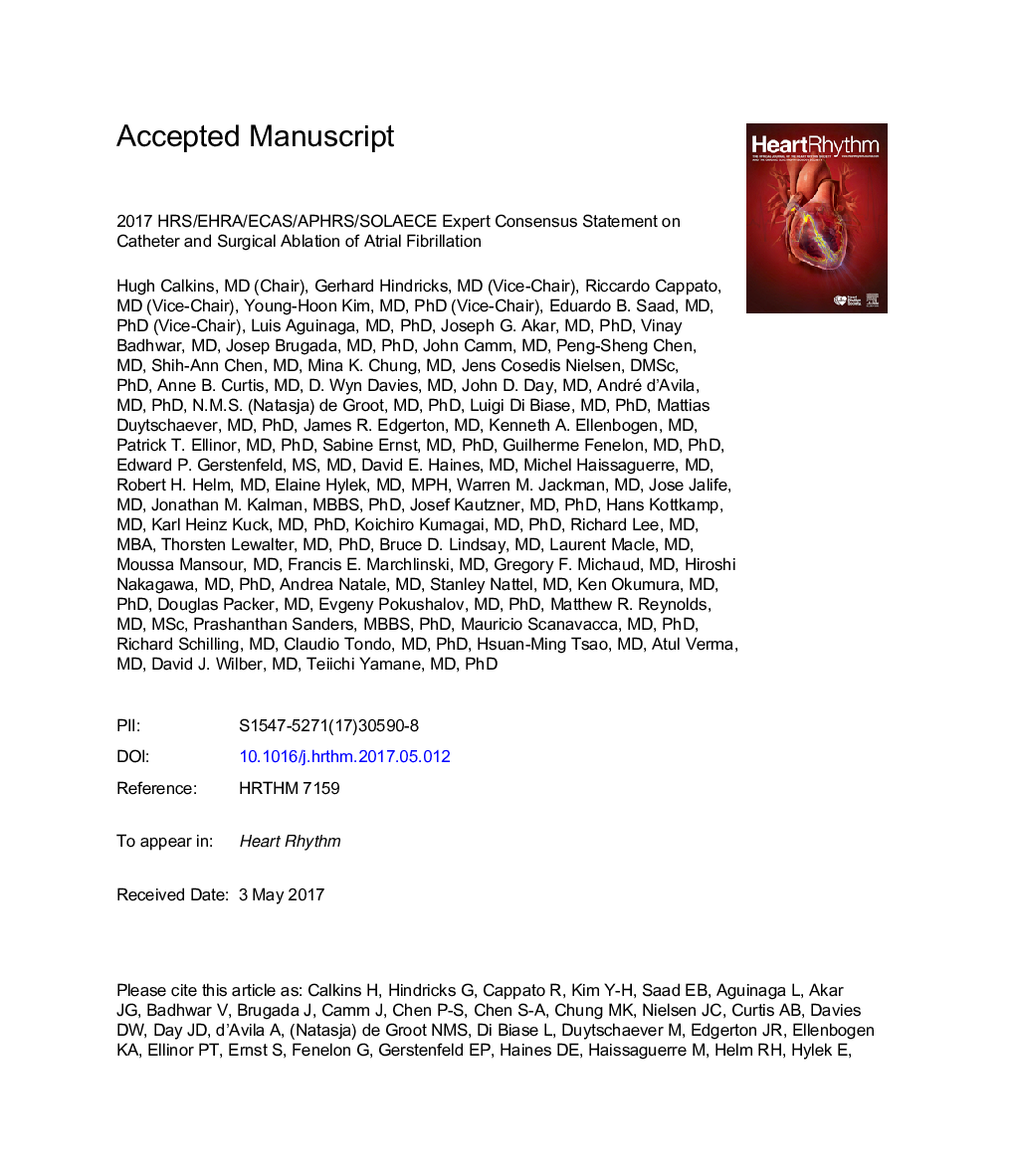 عکس صفحه اول مقاله: 2017 HRS/EHRA/ECAS/APHRS/SOLAECE expert consensus statement on catheter and surgical ablation of atrial fibrillation 2017 HRS/EHRA/ECAS/APHRS/SOLAECE expert consensus statement on catheter and surgical ablation of atrial fibrillation