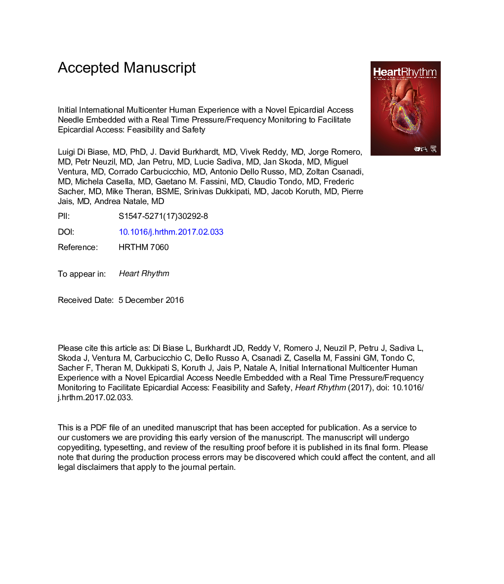 Initial international multicenter human experience with a novel epicardial access needle embedded with a real-time pressure/frequency monitoring to facilitate epicardial access: Feasibility and safety