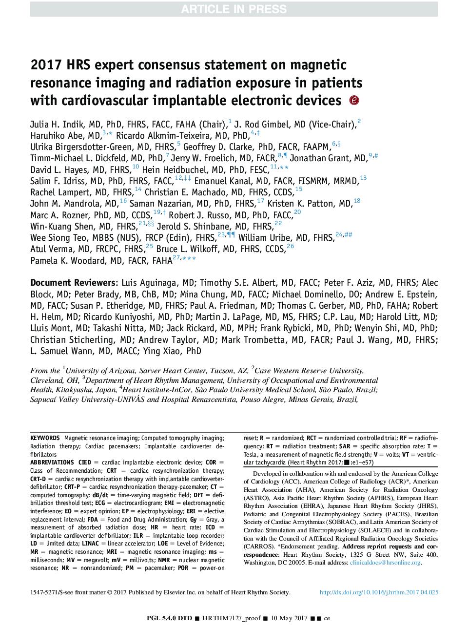 2017 HRS expert consensus statement on magnetic resonance imaging and radiation exposure in patients with cardiovascular implantable electronic devices