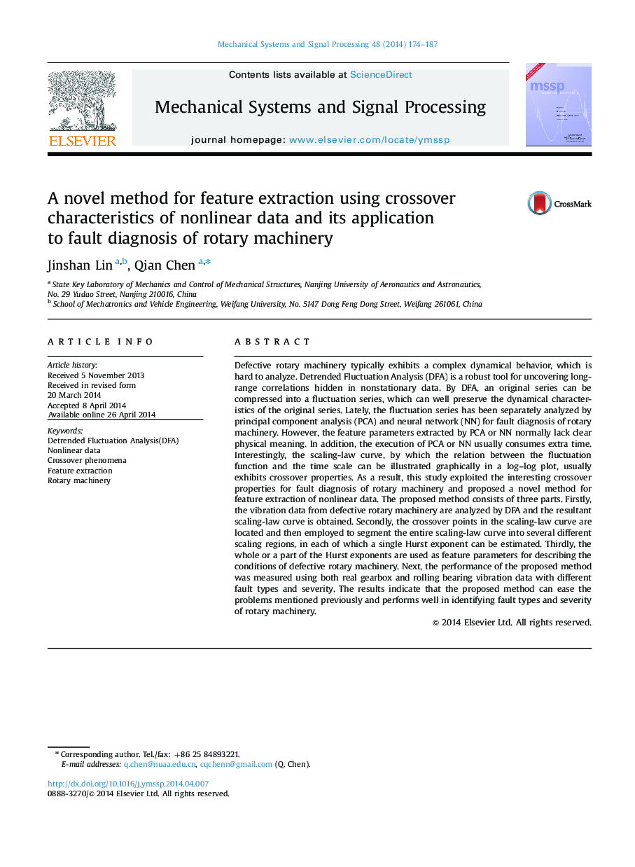 A novel method for feature extraction using crossover characteristics of nonlinear data and its application to fault diagnosis of rotary machinery