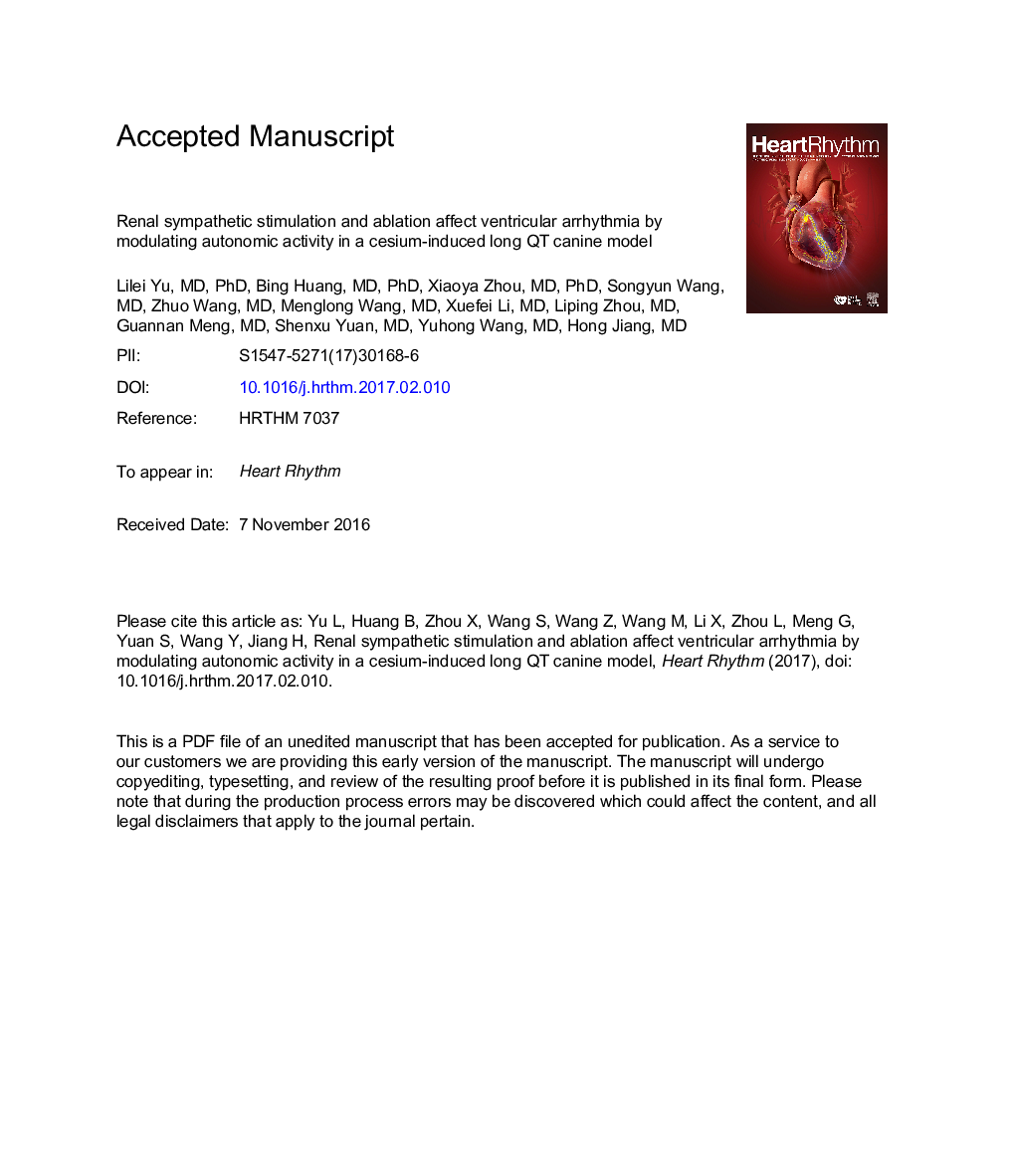 Renal sympathetic stimulation and ablation affect ventricular arrhythmia by modulating autonomic activity in a cesium-induced long QT canine model