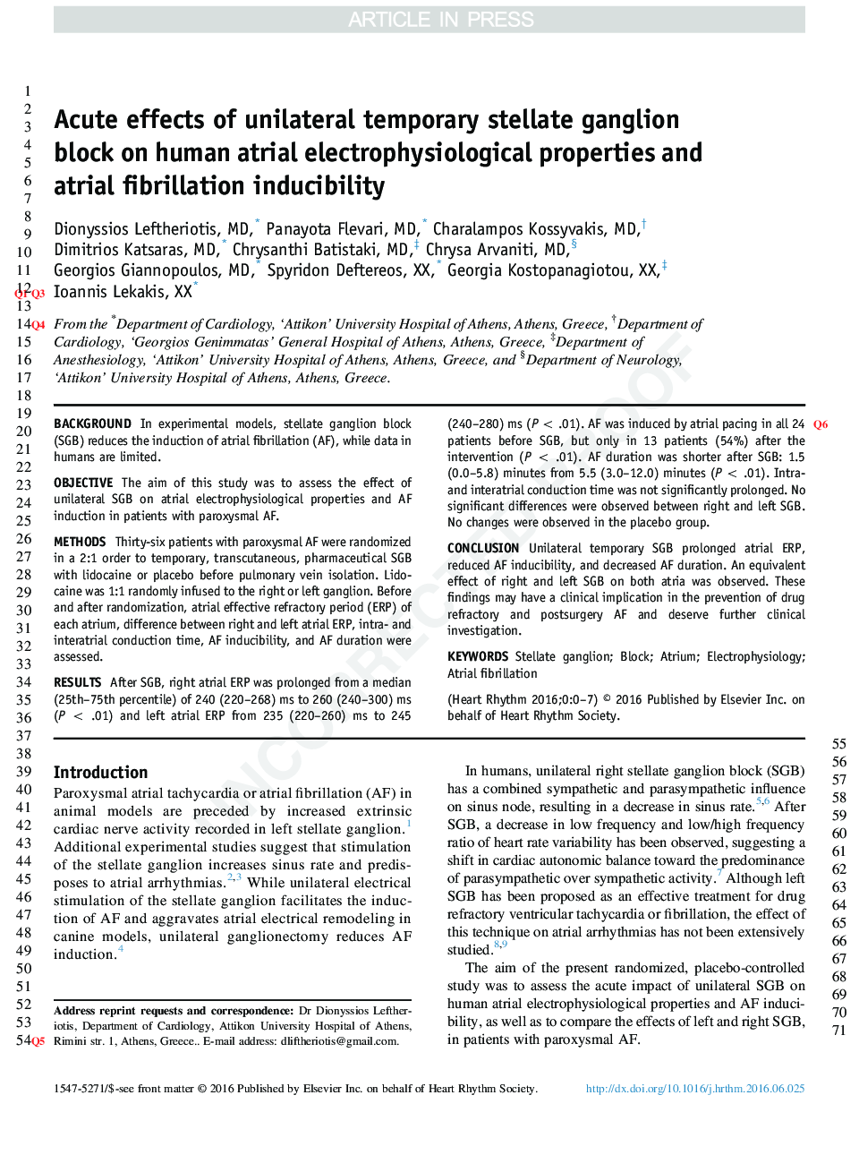 Acute effects of unilateral temporary stellate ganglion block on human atrial electrophysiological properties and atrial fibrillation inducibility