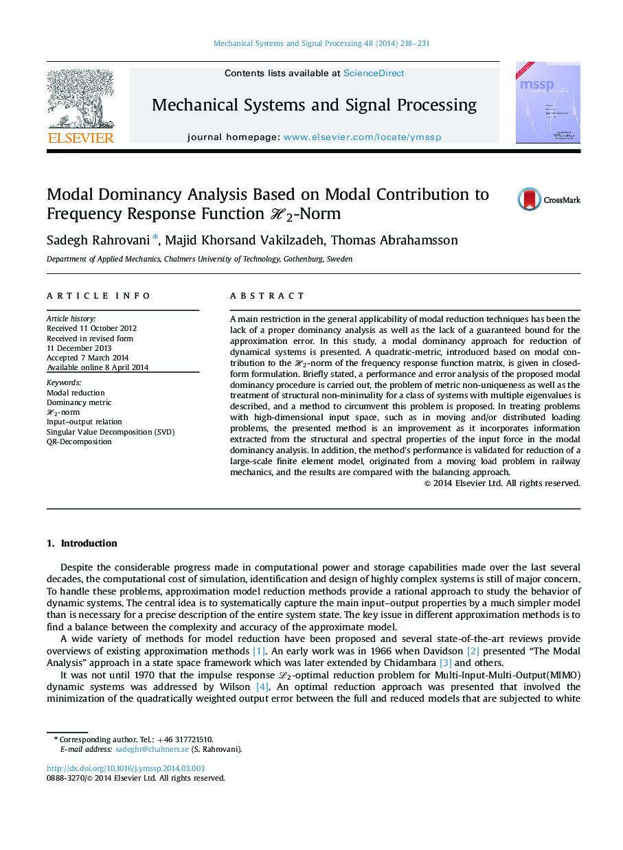 Modal Dominancy Analysis Based on Modal Contribution to Frequency Response Function ℋ2ℋ2-Norm