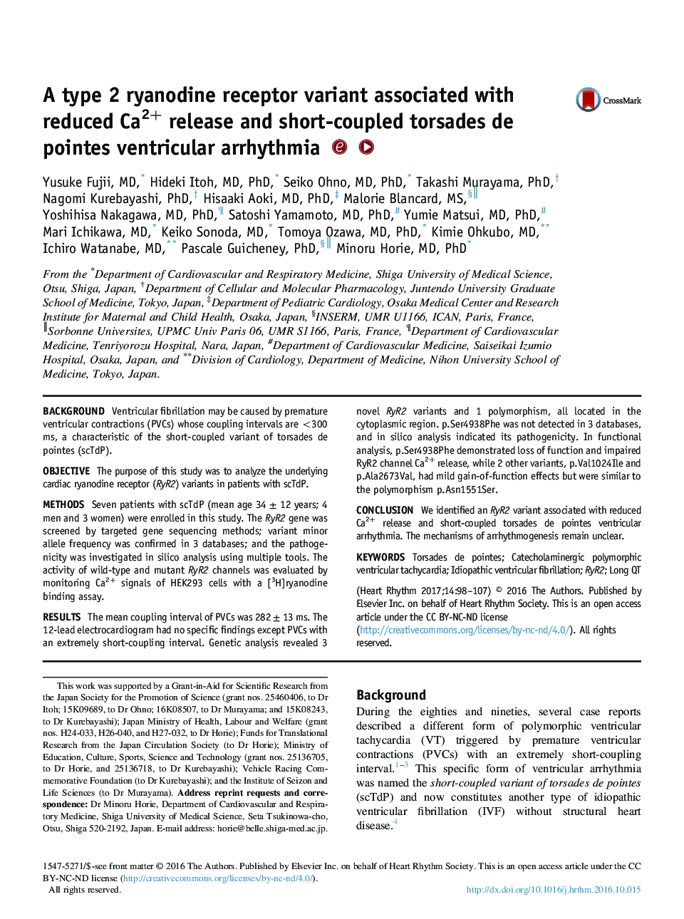 A type 2 ryanodine receptor variant associated with reduced Ca2+ release and short-coupled torsades de pointes ventricular arrhythmia