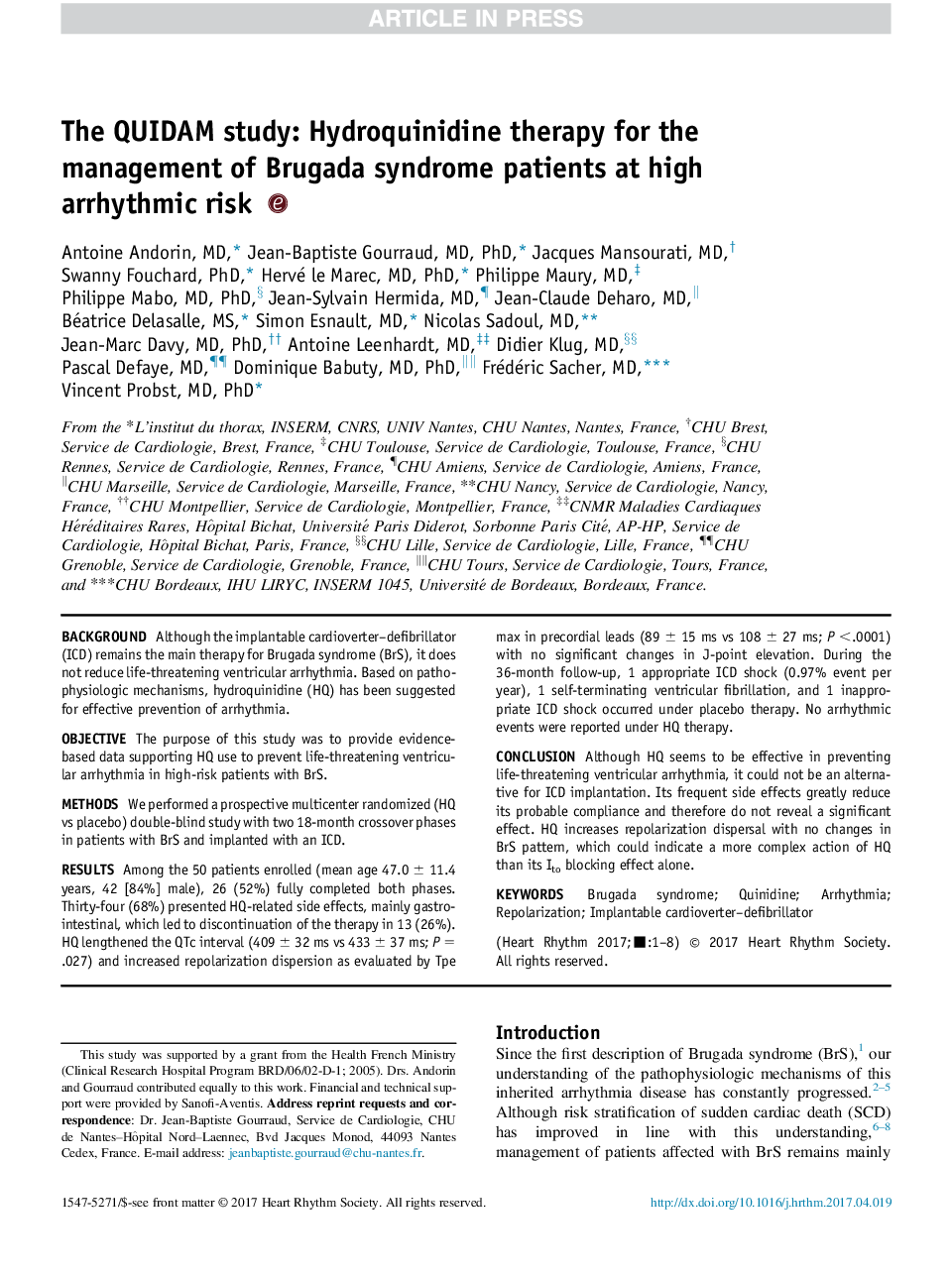 The QUIDAM study: Hydroquinidine therapy for the management of Brugada syndrome patients at high arrhythmic risk