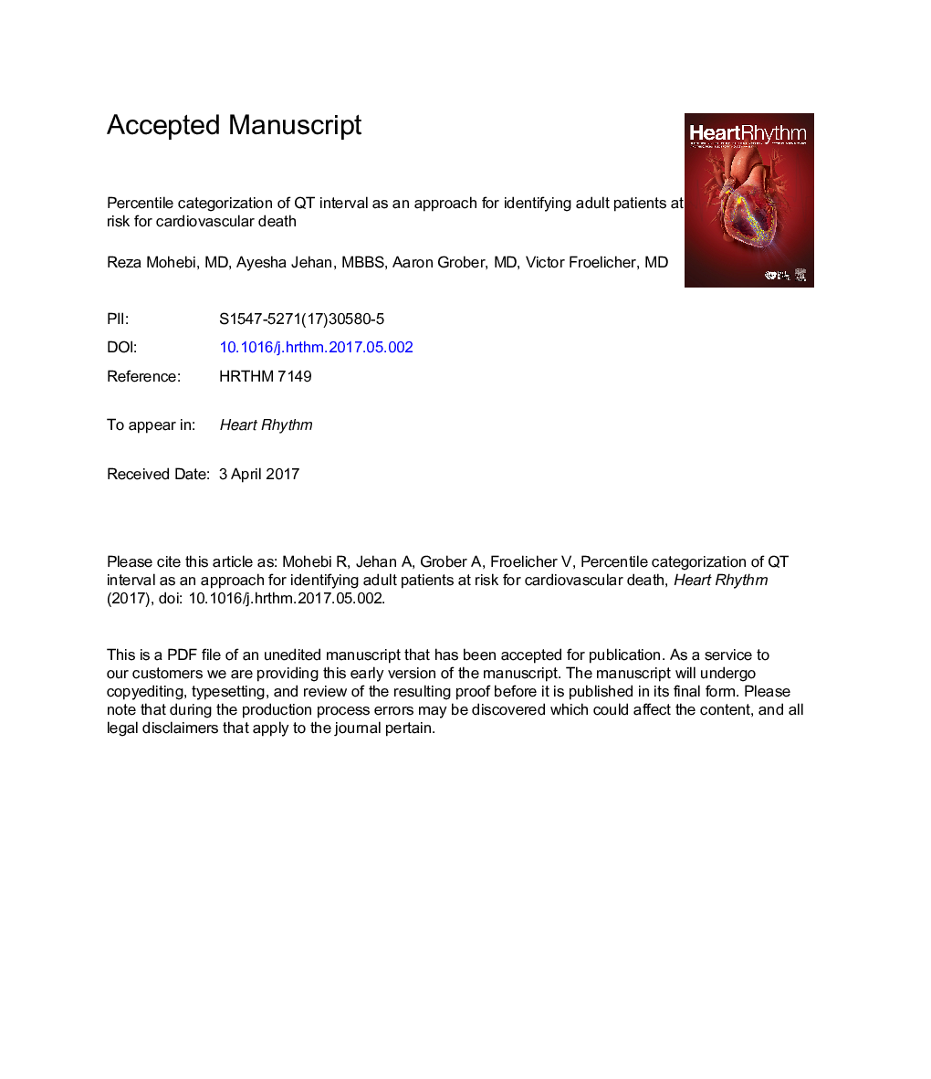 Percentile categorization of QT interval as an approach for identifying adult patients at risk for cardiovascular death