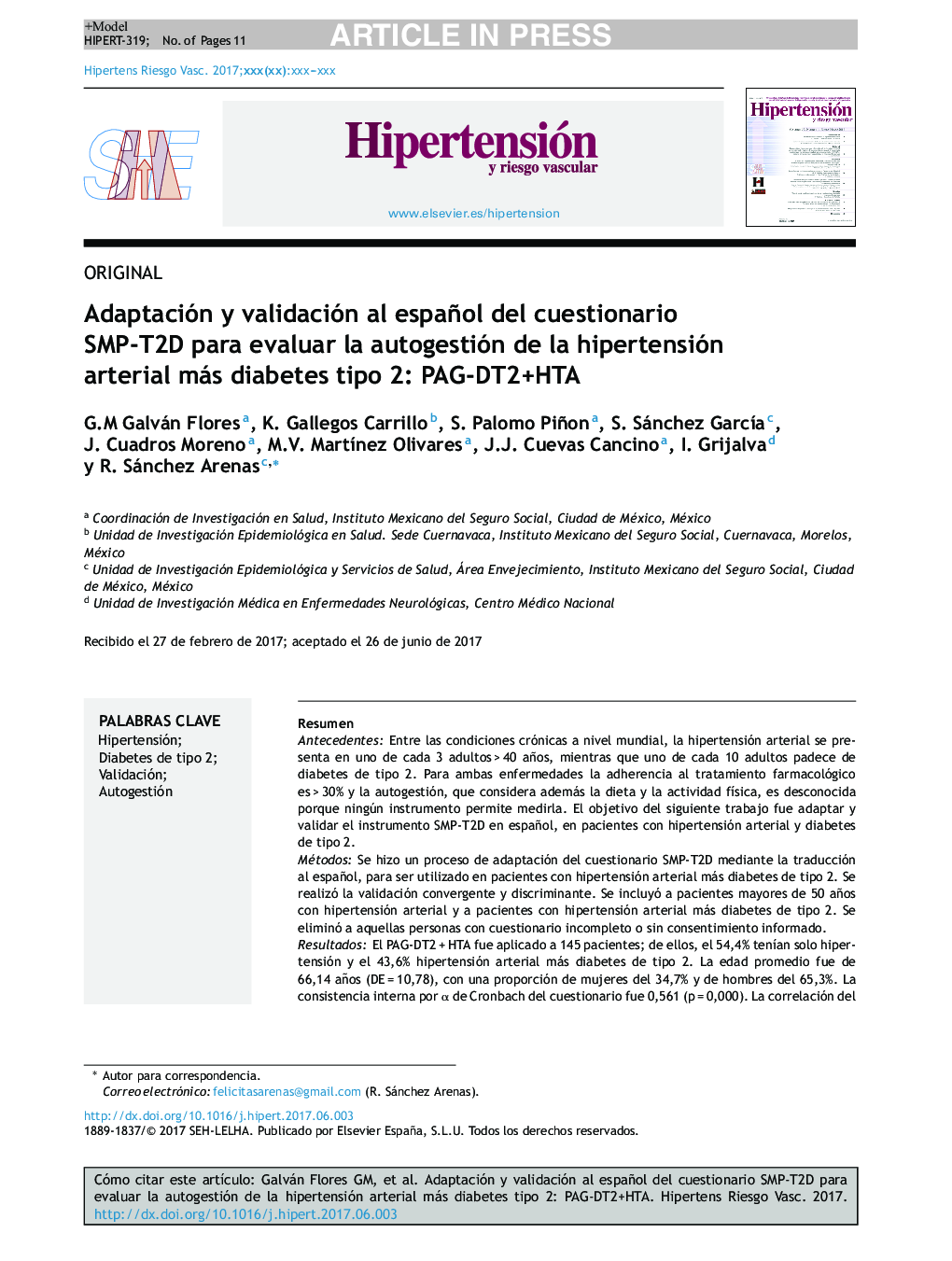 Adaptación y validación al español del cuestionario SMP-T2D para evaluar la autogestión de la hipertensión arterial más diabetes tipo 2: PAG-DT2+HTA