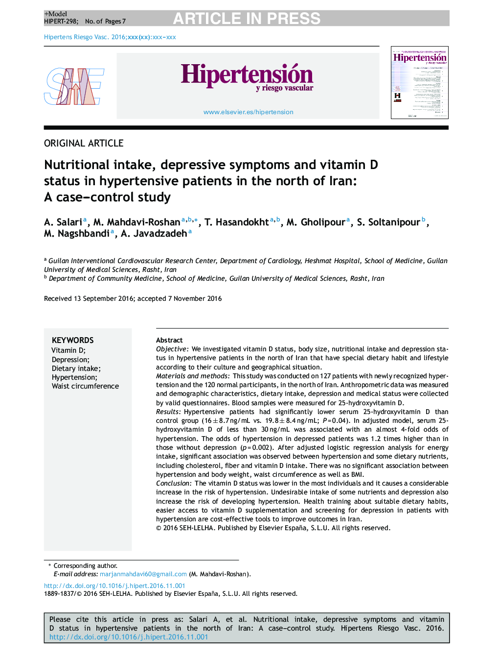 Nutritional intake, depressive symptoms and vitamin D status in hypertensive patients in the north of Iran: A case-control study