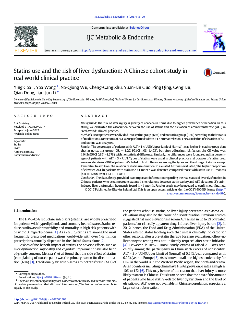 Statins use and the risk of liver dysfunction: A Chinese cohort study in real world clinical practice