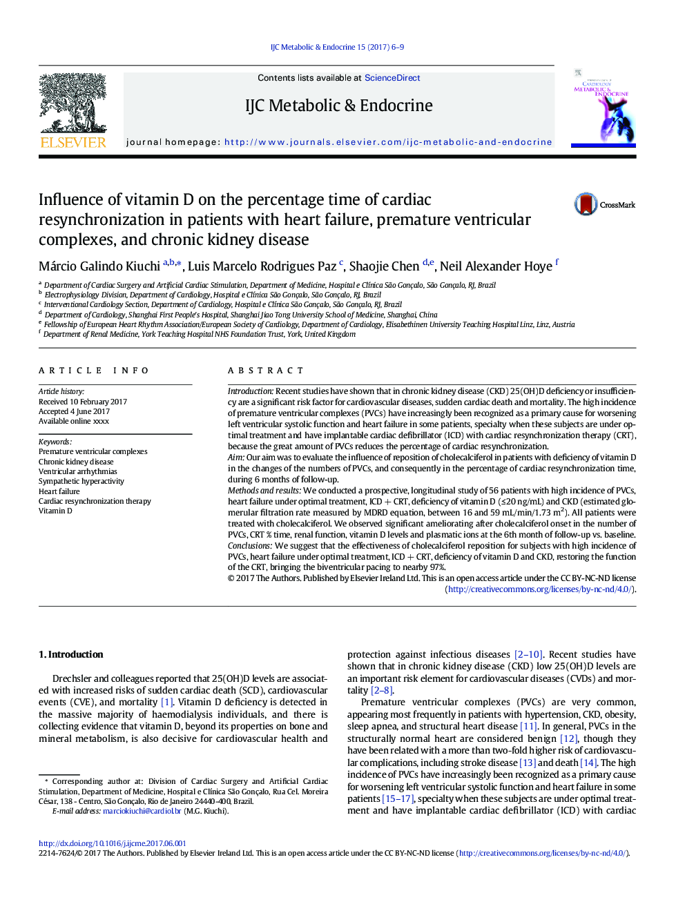 Influence of vitamin D on the percentage time of cardiac resynchronization in patients with heart failure, premature ventricular complexes, and chronic kidney disease