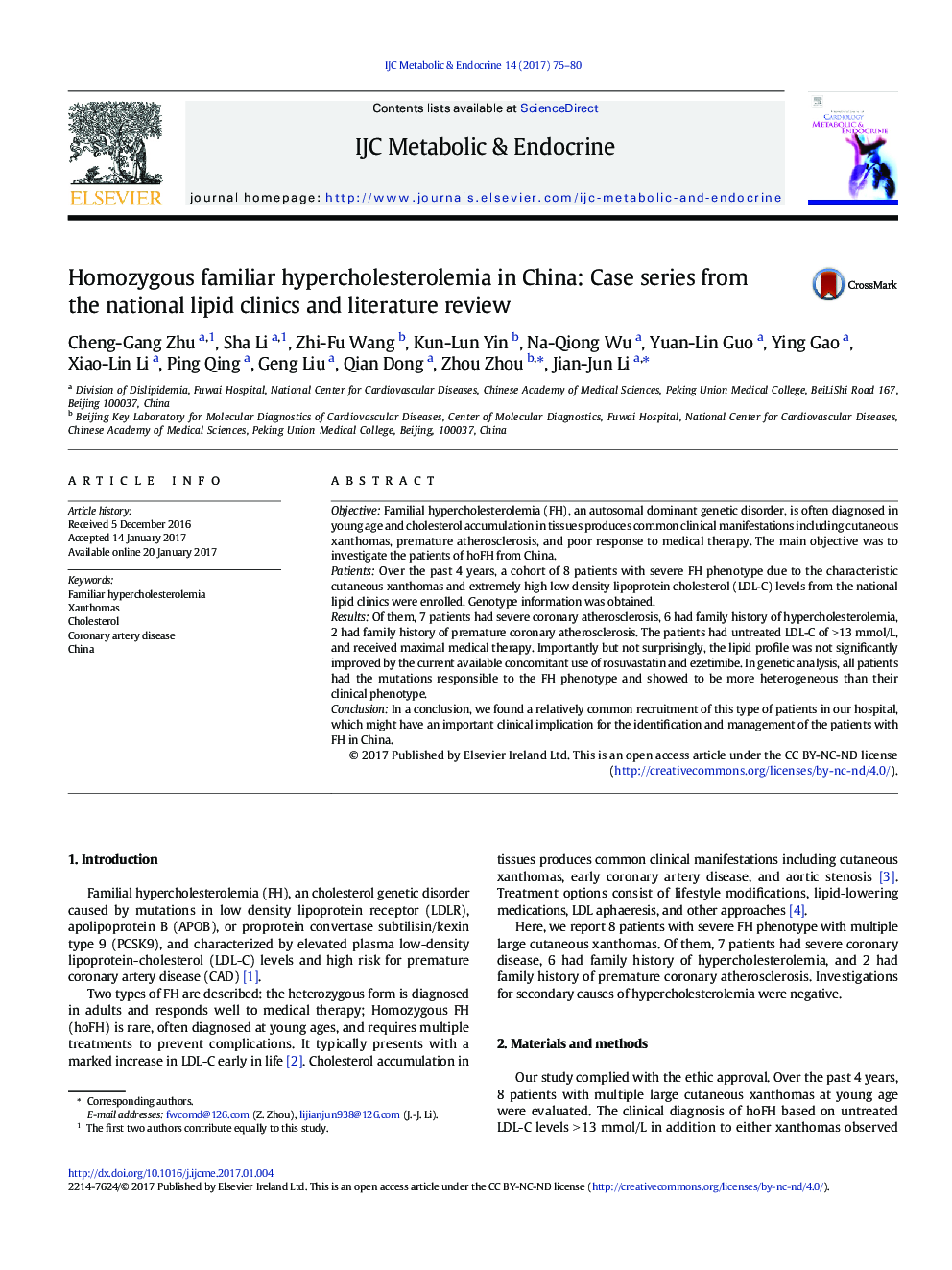 Homozygous familiar hypercholesterolemia in China: Case series from the national lipid clinics and literature review