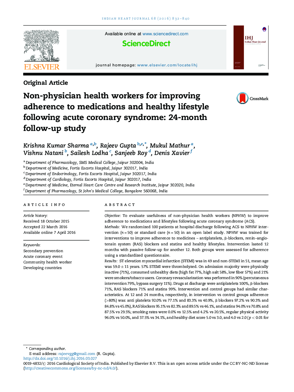 Original ArticleNon-physician health workers for improving adherence to medications and healthy lifestyle following acute coronary syndrome: 24-month follow-up study