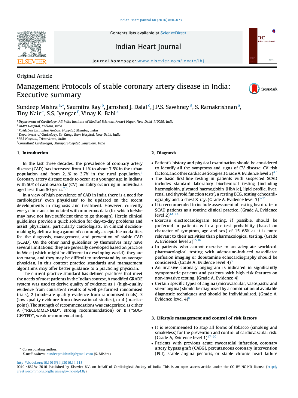 Management Protocols of stable coronary artery disease in India: Executive summary