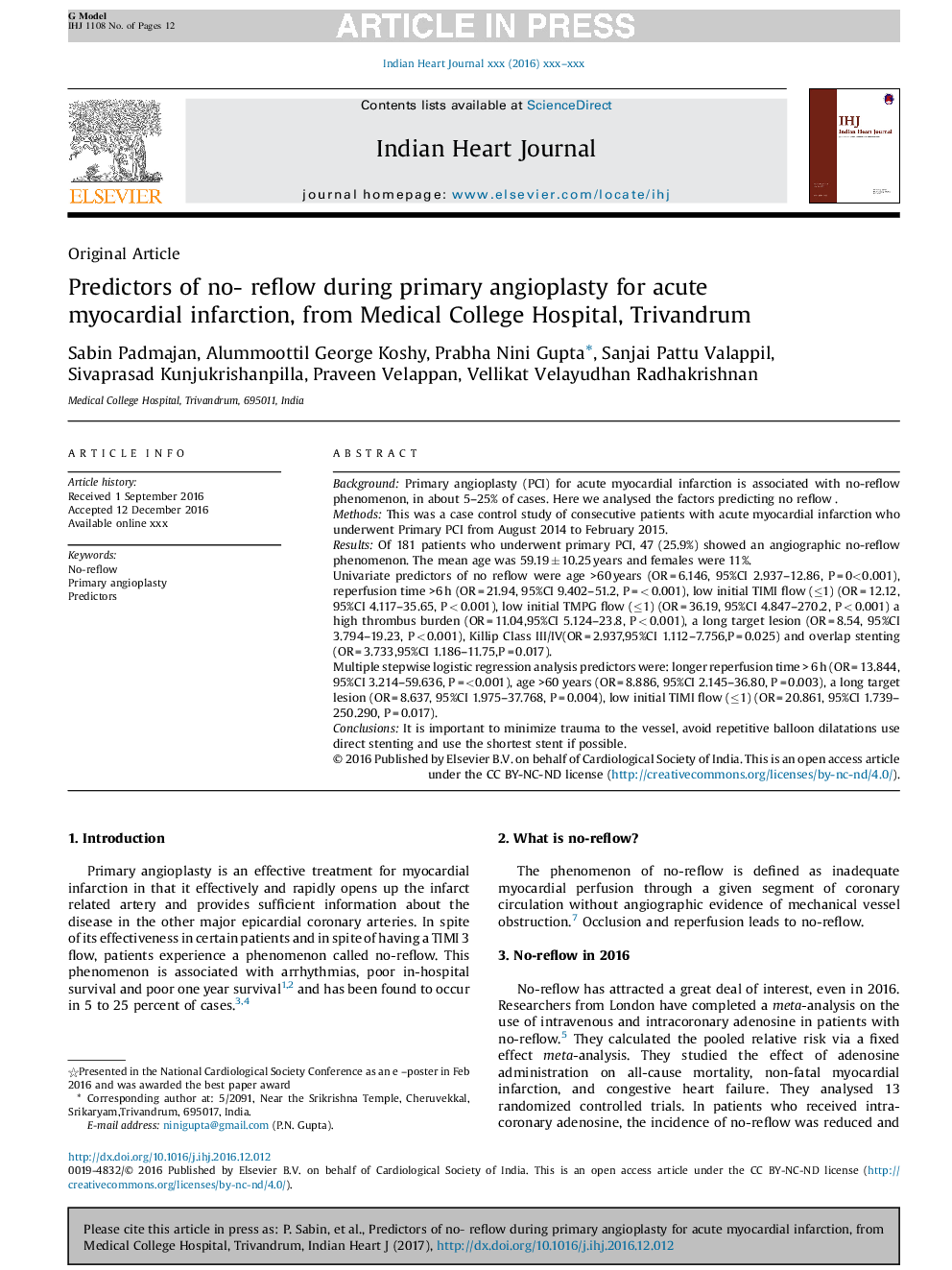 Predictors of no- reflow during primary angioplasty for acute myocardial infarction, from Medical College Hospital, Trivandrum