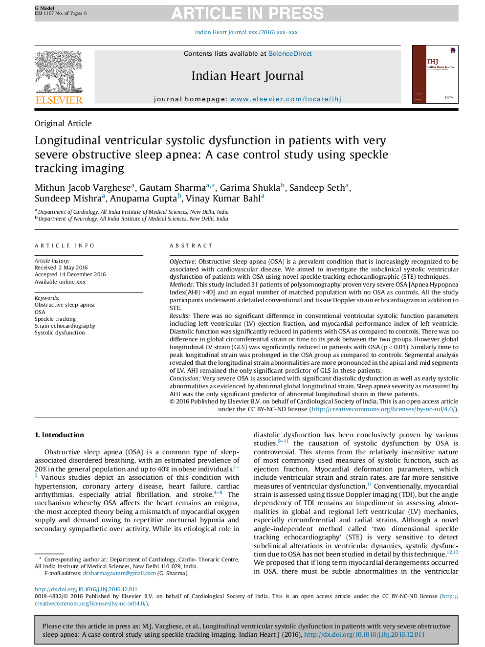 Longitudinal ventricular systolic dysfunction in patients with very severe obstructive sleep apnea: A case control study using speckle tracking imaging