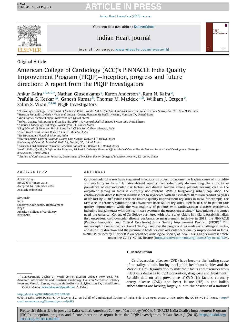 American College of Cardiology (ACC)'s PINNACLE India Quality Improvement Program (PIQIP)-Inception, progress and future direction: A report from the PIQIP Investigators