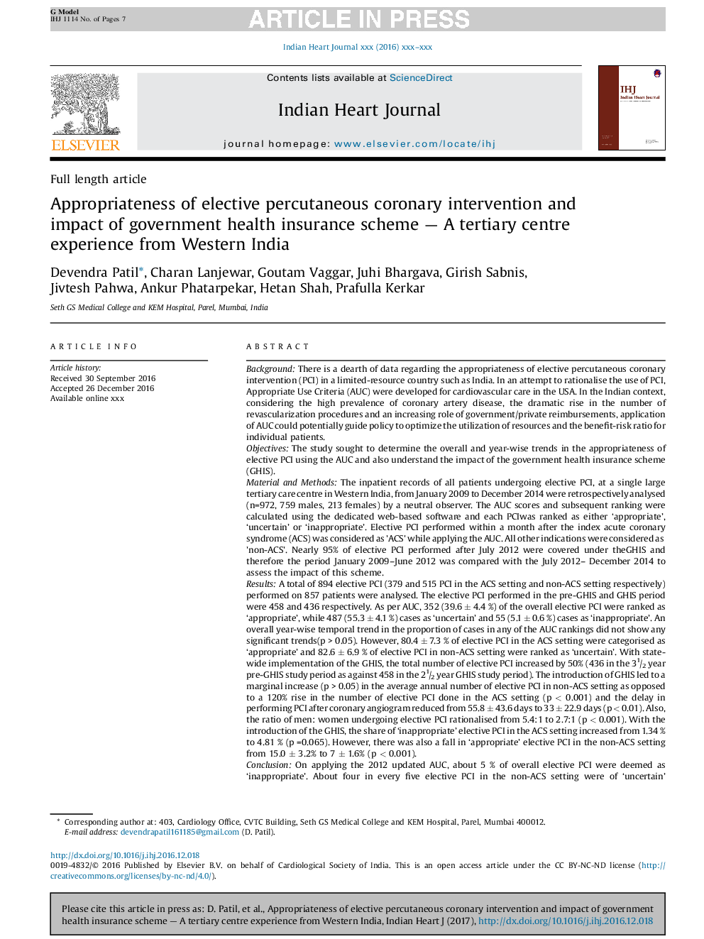 Appropriateness of elective percutaneous coronary intervention and impact of government health insurance scheme - A tertiary centre experience from Western India