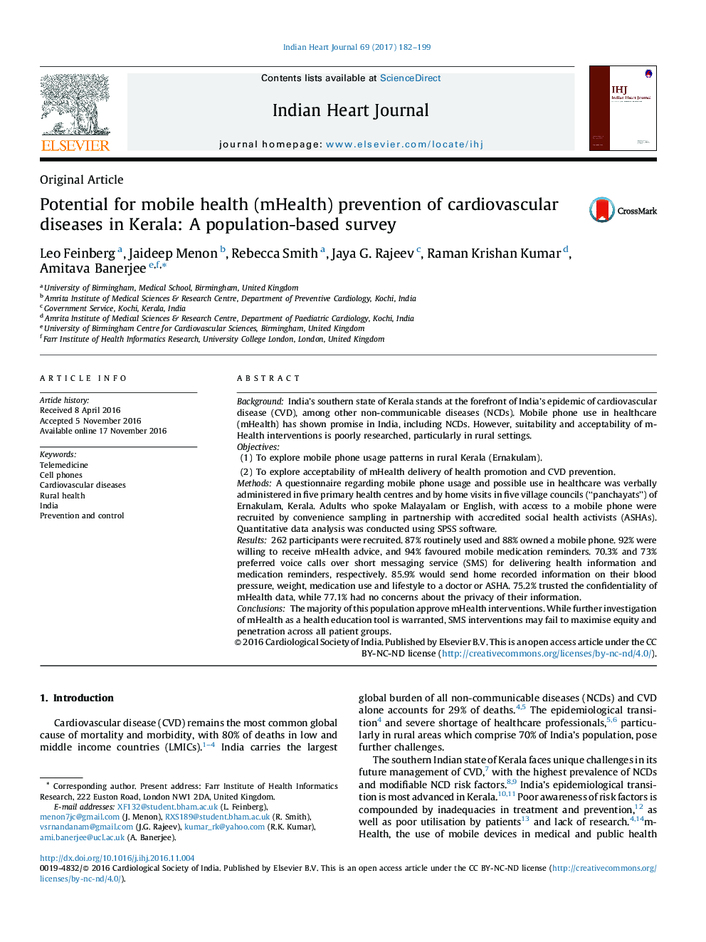 Potential for mobile health (mHealth) prevention of cardiovascular diseases in Kerala: A population-based survey