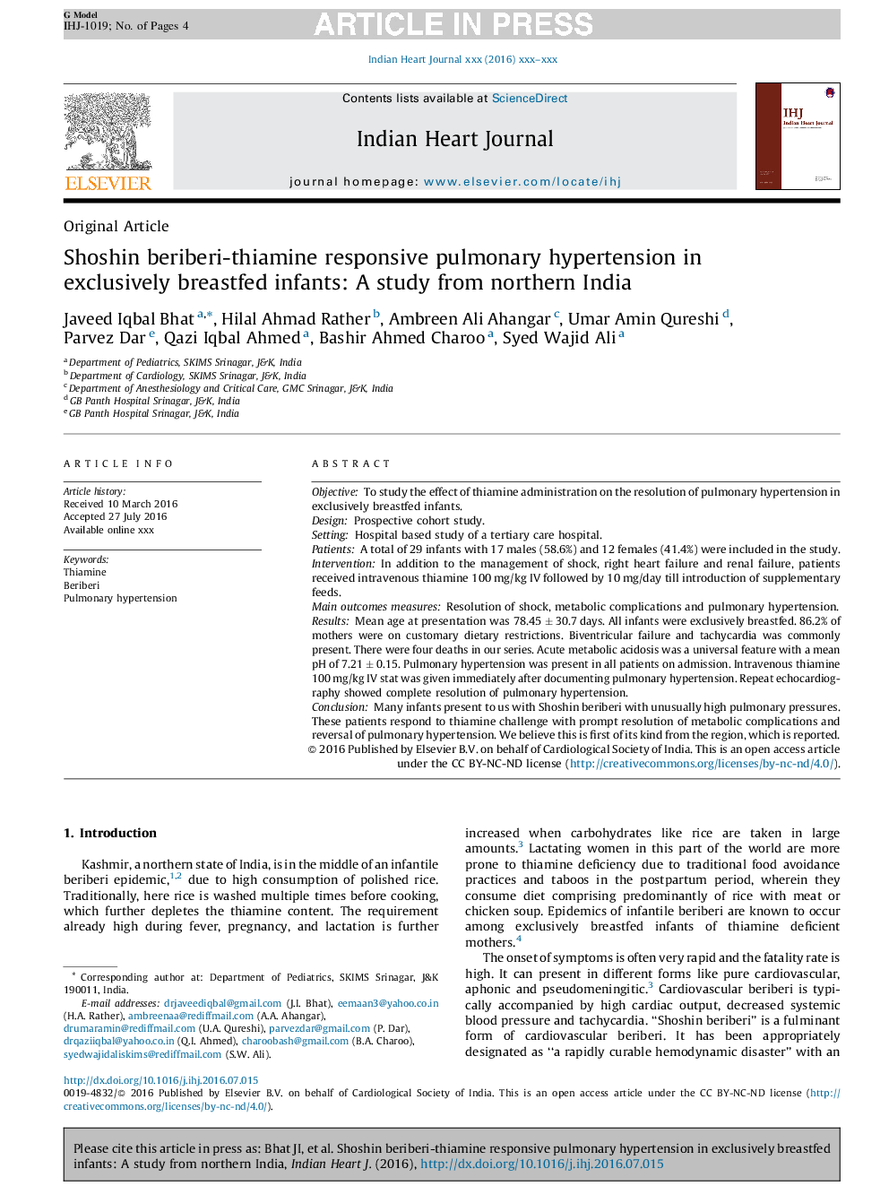 Shoshin beriberi-thiamine responsive pulmonary hypertension in exclusively breastfed infants: A study from northern India