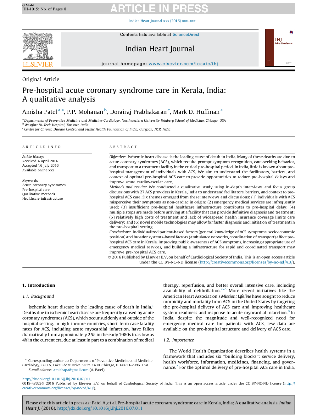 Pre-hospital acute coronary syndrome care in Kerala, India: A qualitative analysis