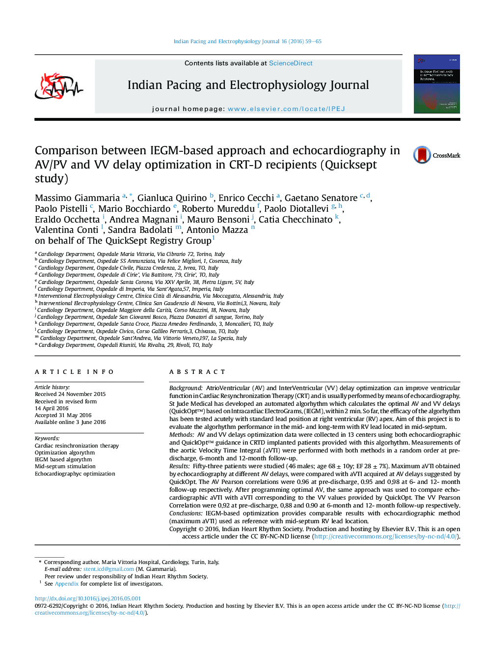 Comparison between IEGM-based approach and echocardiography in AV/PV and VV delay optimization in CRT-D recipients (Quicksept study)