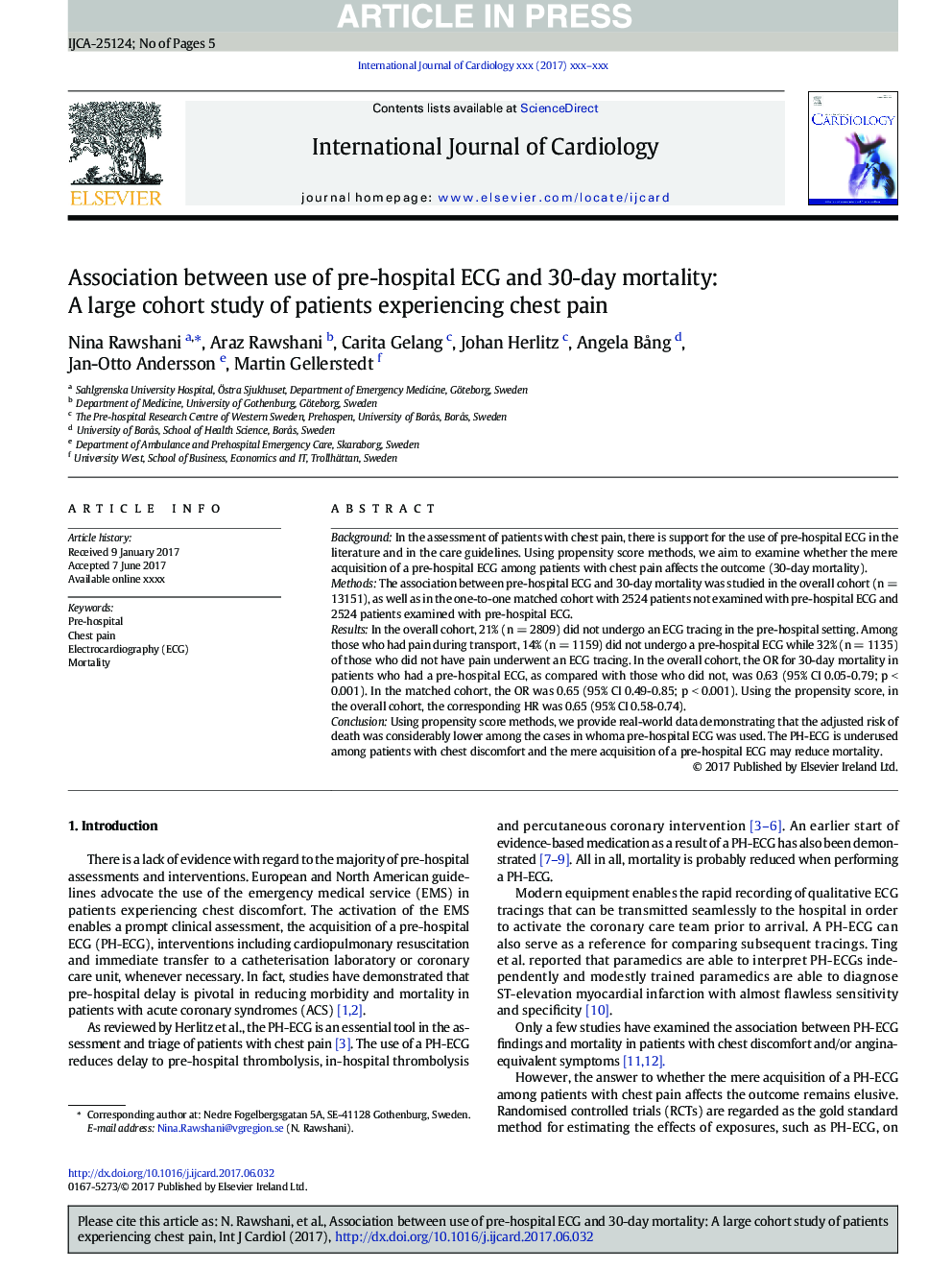 Association between use of pre-hospital ECG and 30-day mortality: A large cohort study of patients experiencing chest pain