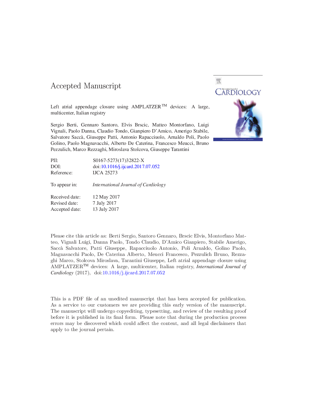 Left atrial appendage closure using AMPLATZERâ¢ devices: A large, multicenter, Italian registry