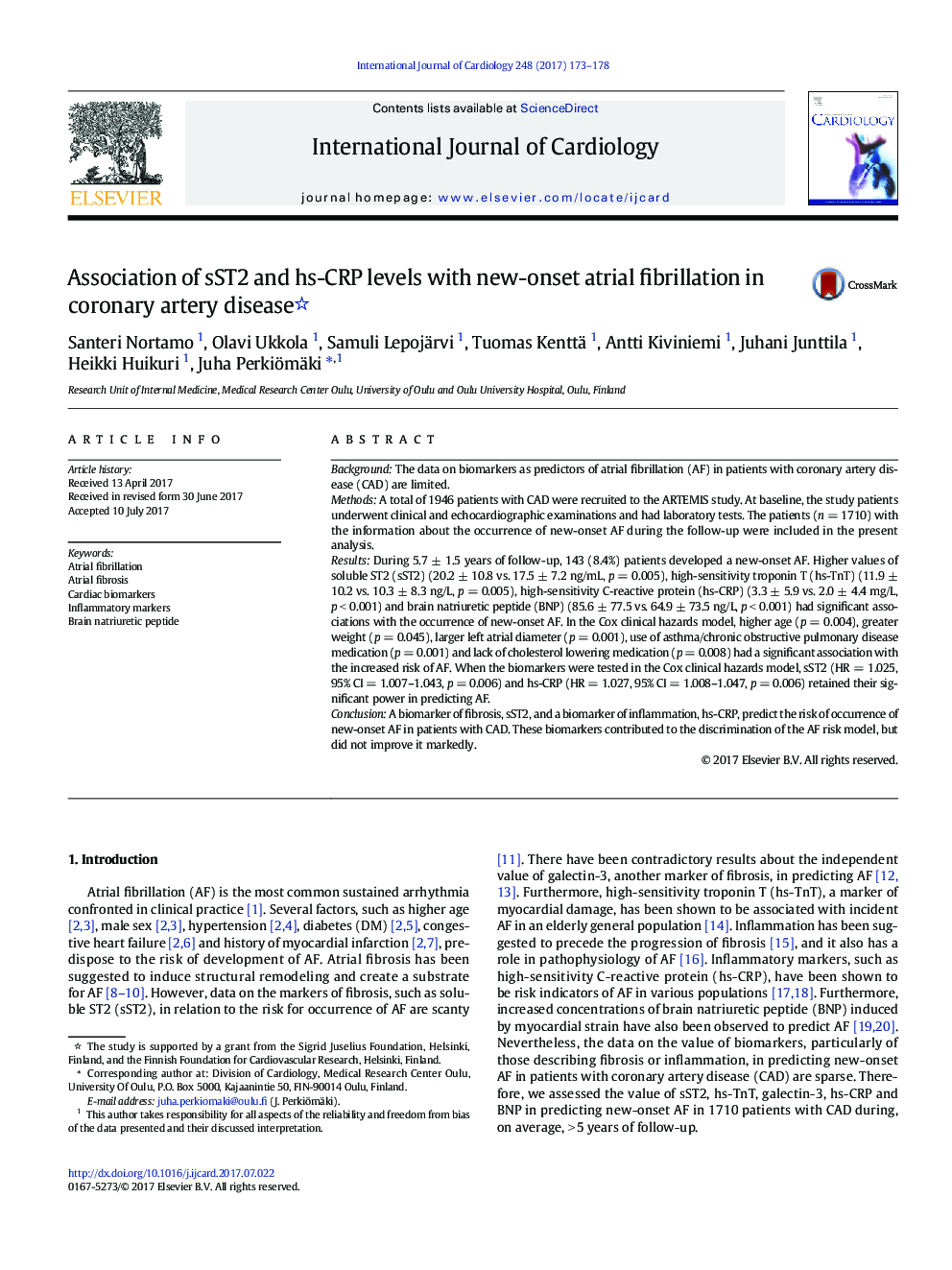 Association of sST2 and hs-CRP levels with new-onset atrial fibrillation in coronary artery disease