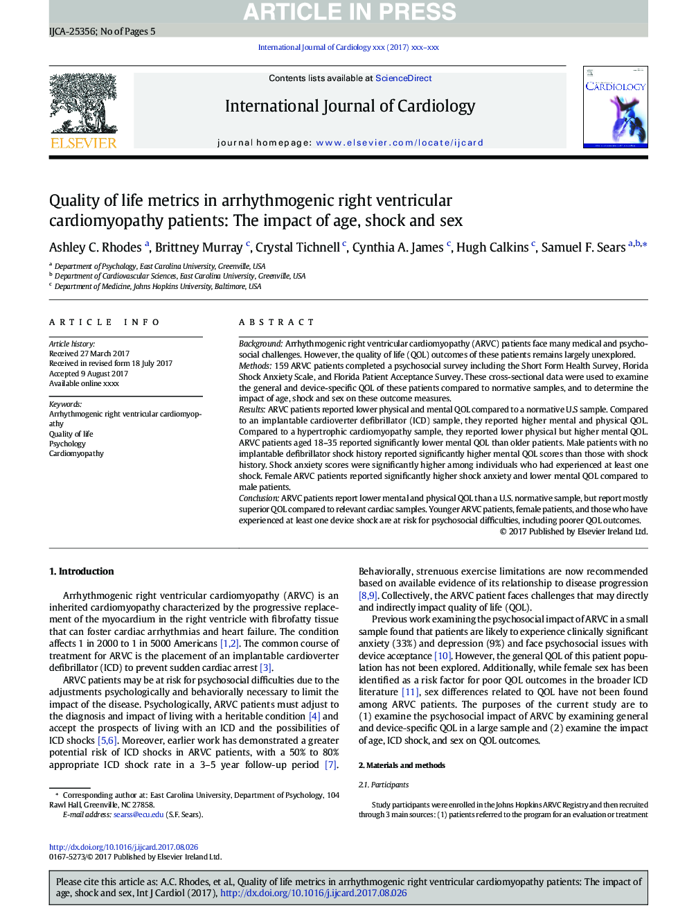 Quality of life metrics in arrhythmogenic right ventricular cardiomyopathy patients: The impact of age, shock and sex