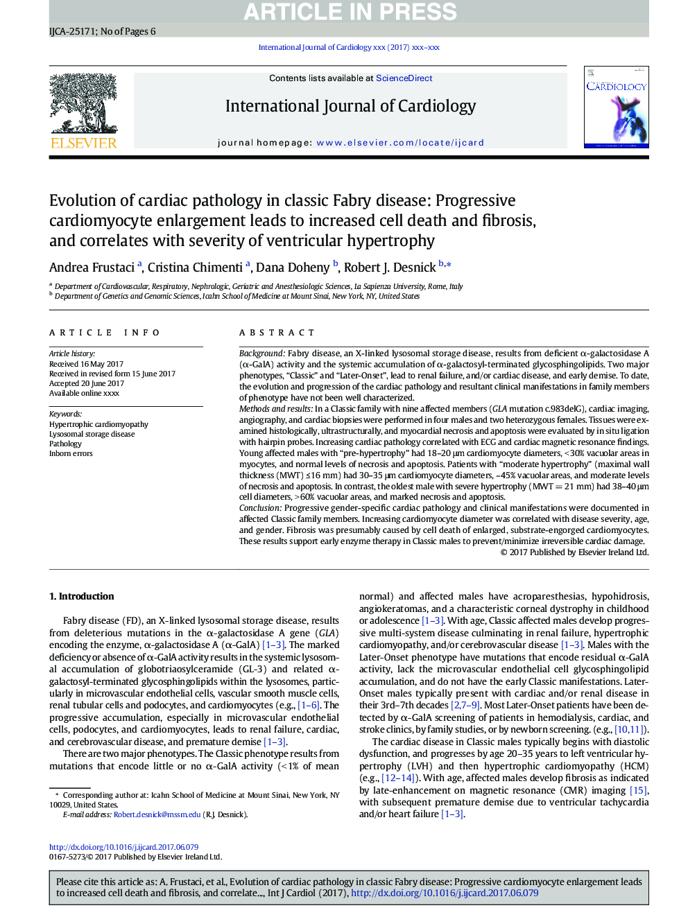 Evolution of cardiac pathology in classic Fabry disease: Progressive cardiomyocyte enlargement leads to increased cell death and fibrosis, and correlates with severity of ventricular hypertrophyâ¬â¬â¬â¬â¬â¬â¬â¬