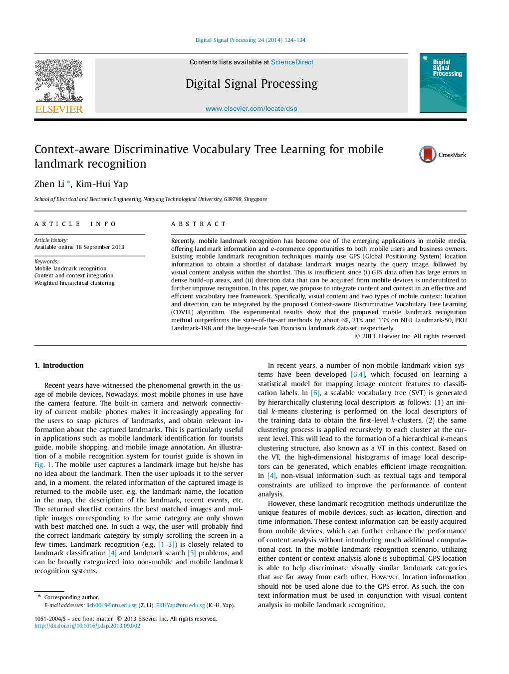 Context-aware Discriminative Vocabulary Tree Learning for mobile landmark recognition