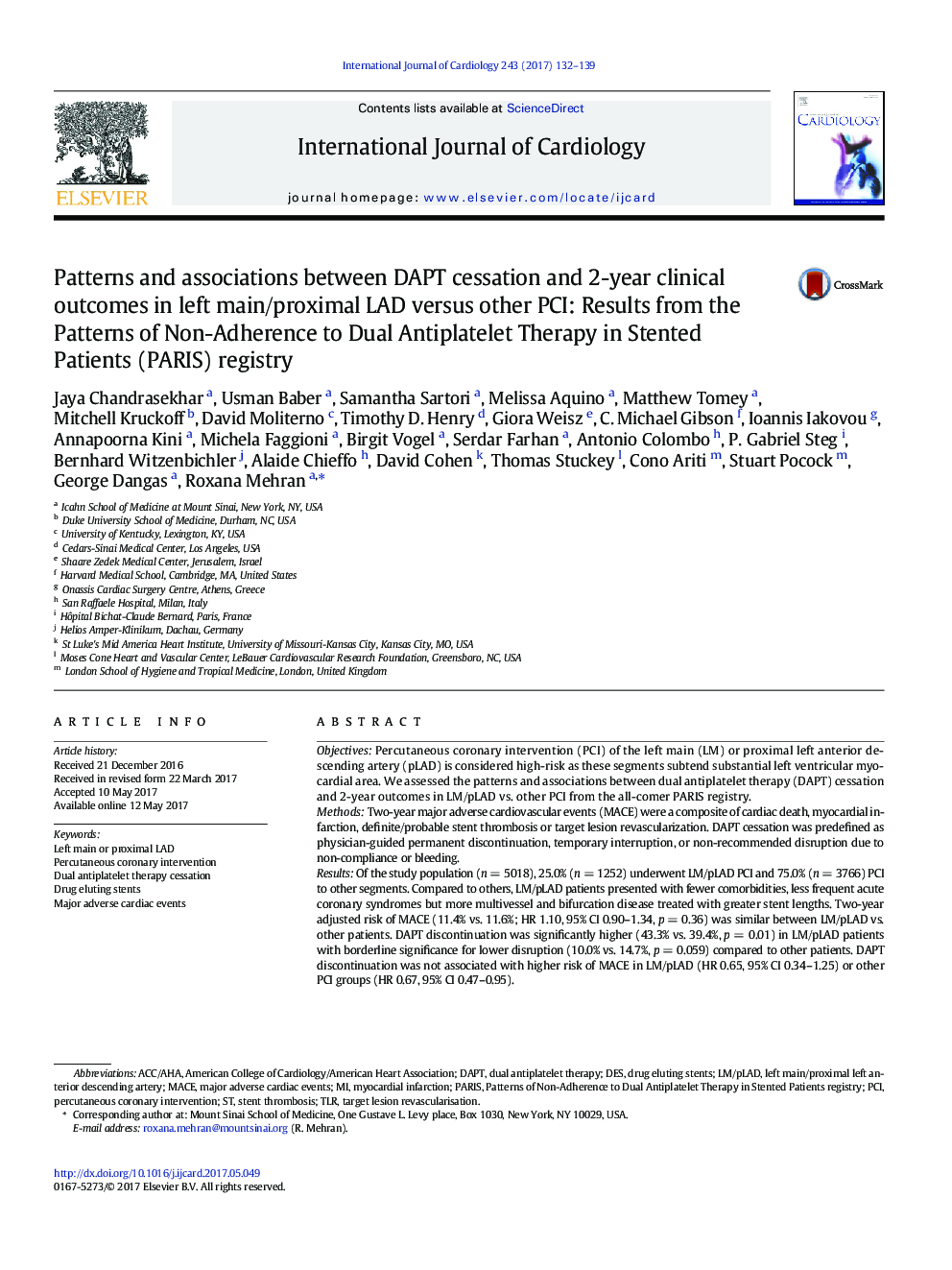 Patterns and associations between DAPT cessation and 2-year clinical outcomes in left main/proximal LAD versus other PCI: Results from the Patterns of Non-Adherence to Dual Antiplatelet Therapy in Stented Patients (PARIS) registry