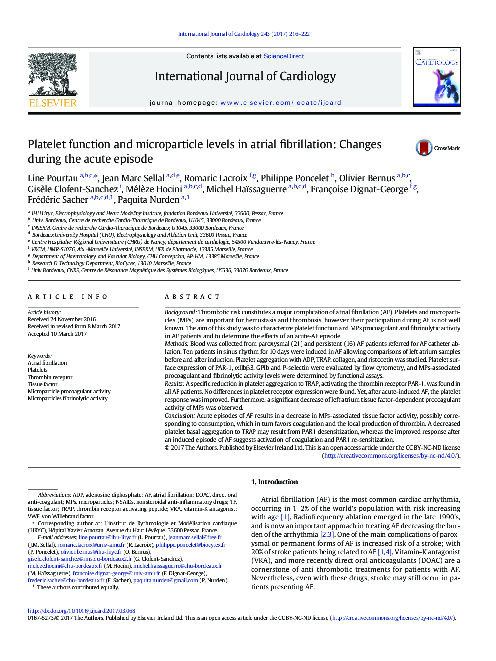 Platelet function and microparticle levels in atrial fibrillation: Changes during the acute episode