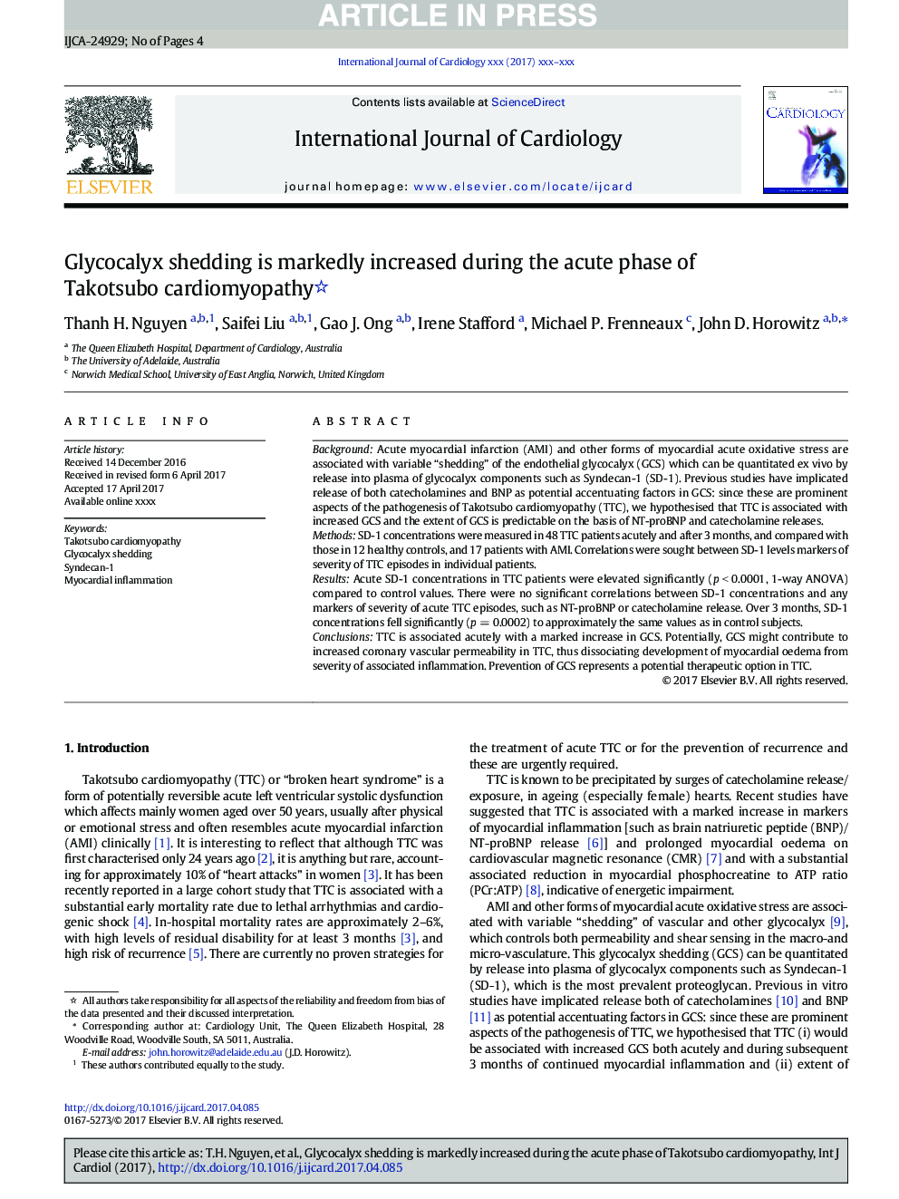 Glycocalyx shedding is markedly increased during the acute phase of Takotsubo cardiomyopathy