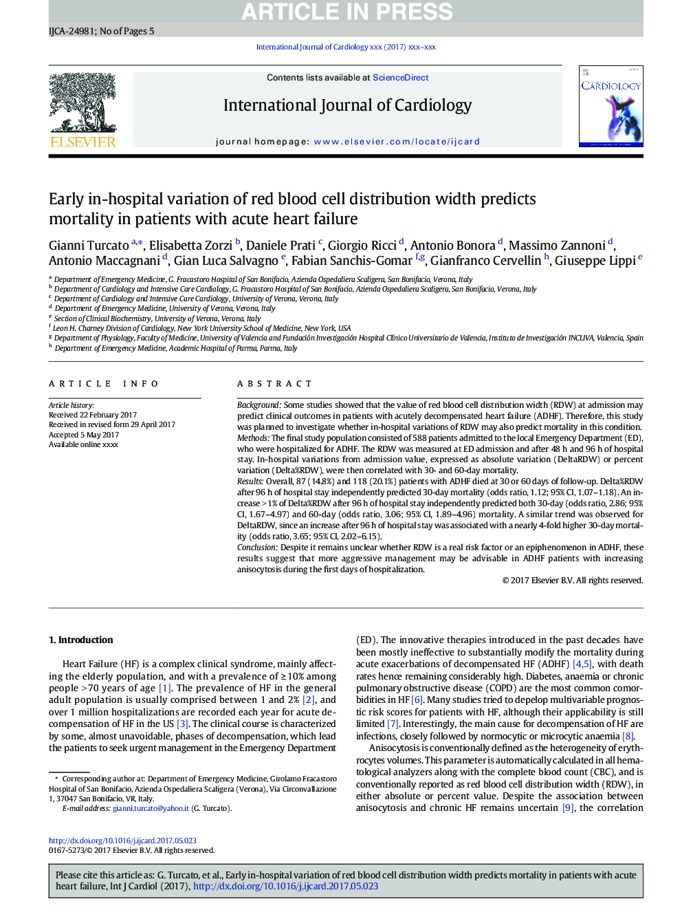 Early in-hospital variation of red blood cell distribution width predicts mortality in patients with acute heart failure