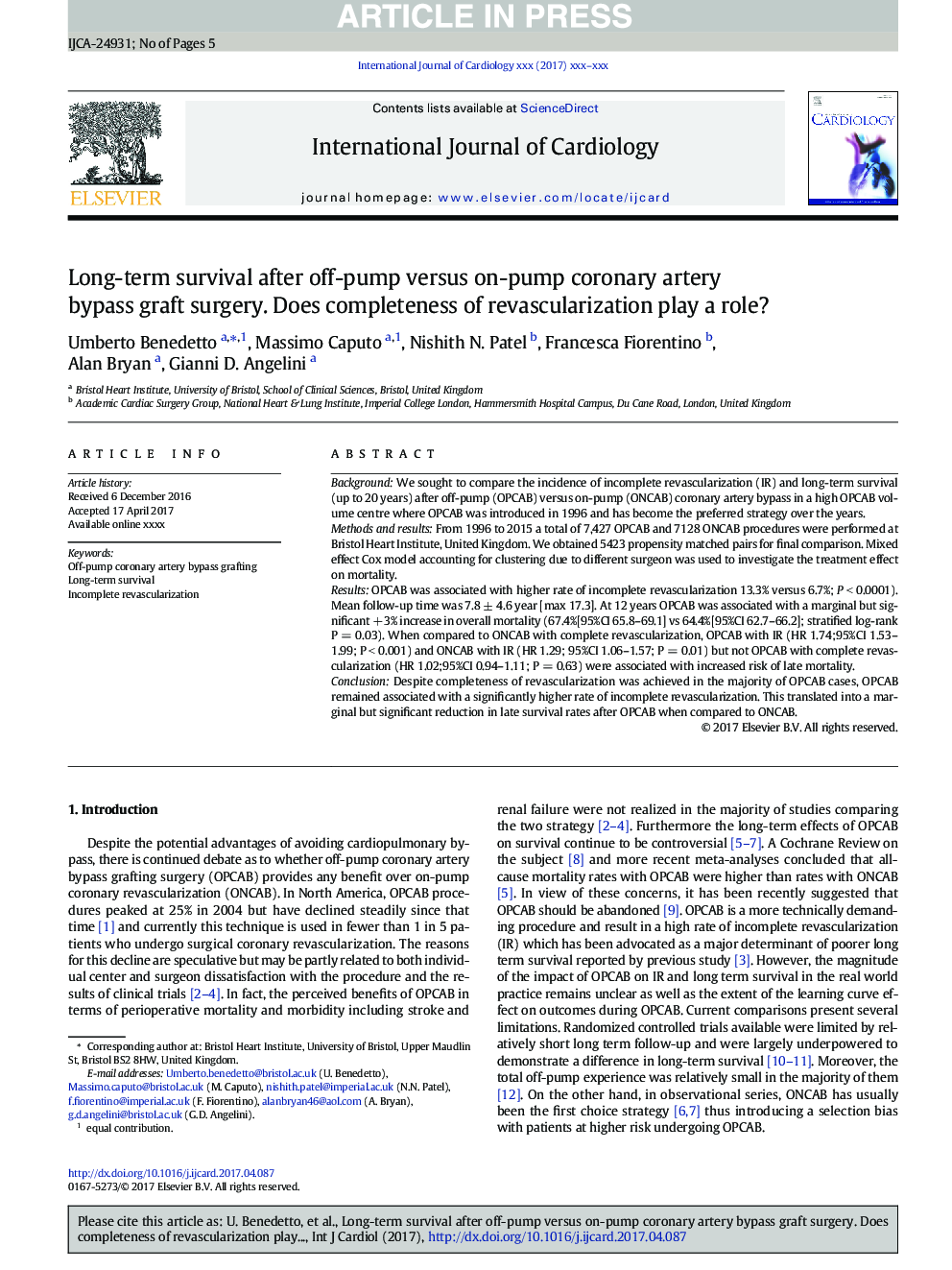 Long-term survival after off-pump versus on-pump coronary artery bypass graft surgery. Does completeness of revascularization play a role?