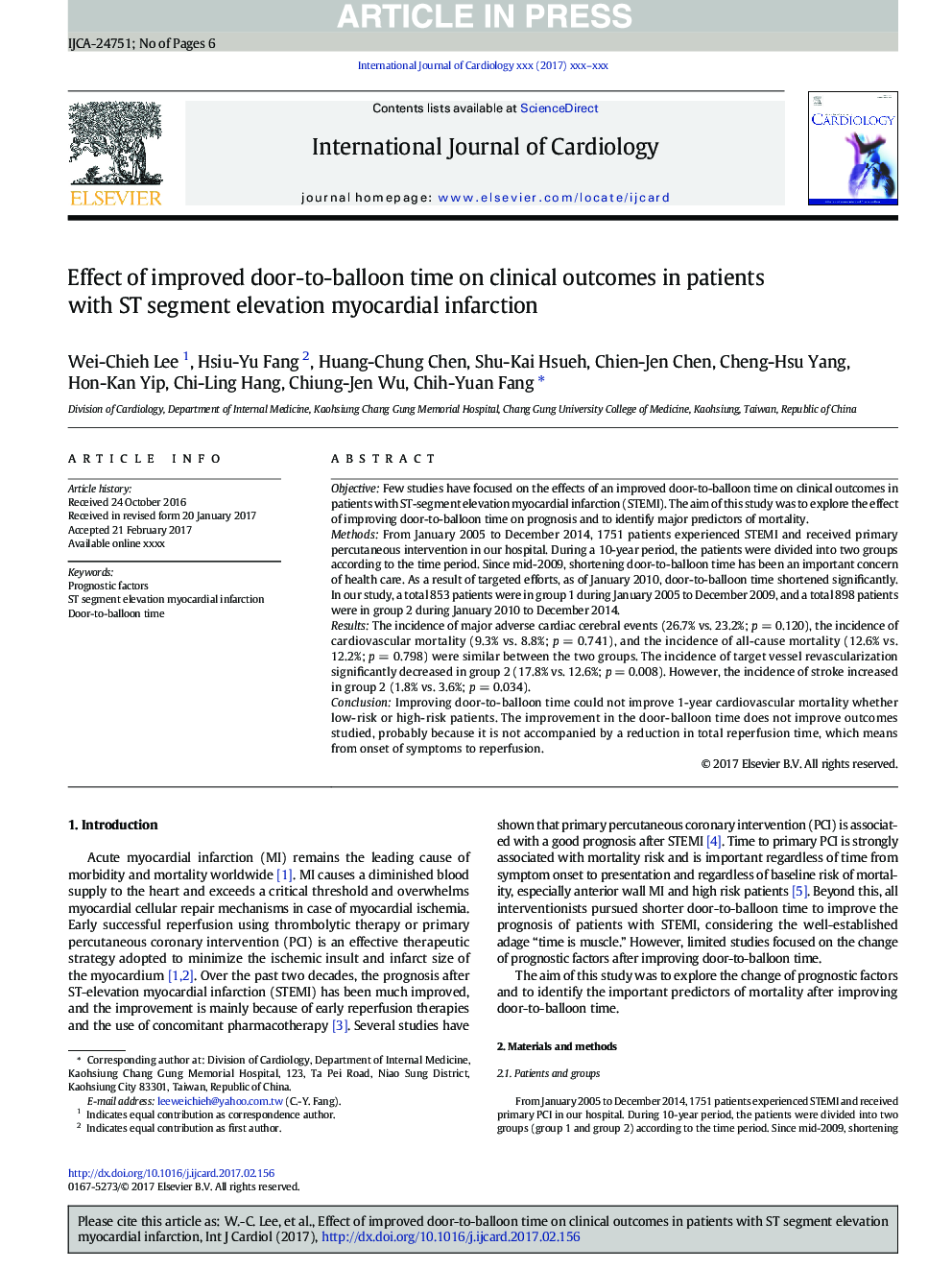 Effect of improved door-to-balloon time on clinical outcomes in patients with ST segment elevation myocardial infarction