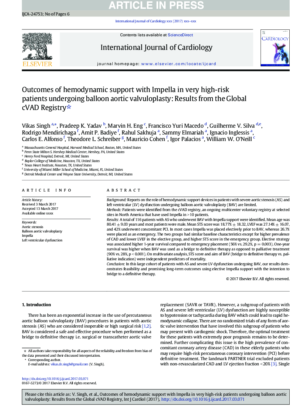 Outcomes of hemodynamic support with Impella in very high-risk patients undergoing balloon aortic valvuloplasty: Results from the Global cVAD Registry