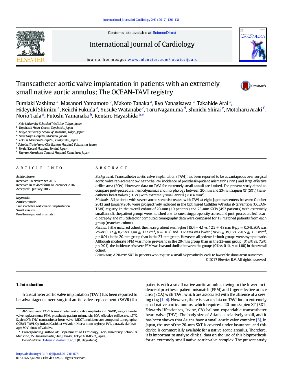 Transcatheter aortic valve implantation in patients with an extremely small native aortic annulus: The OCEAN-TAVI registry