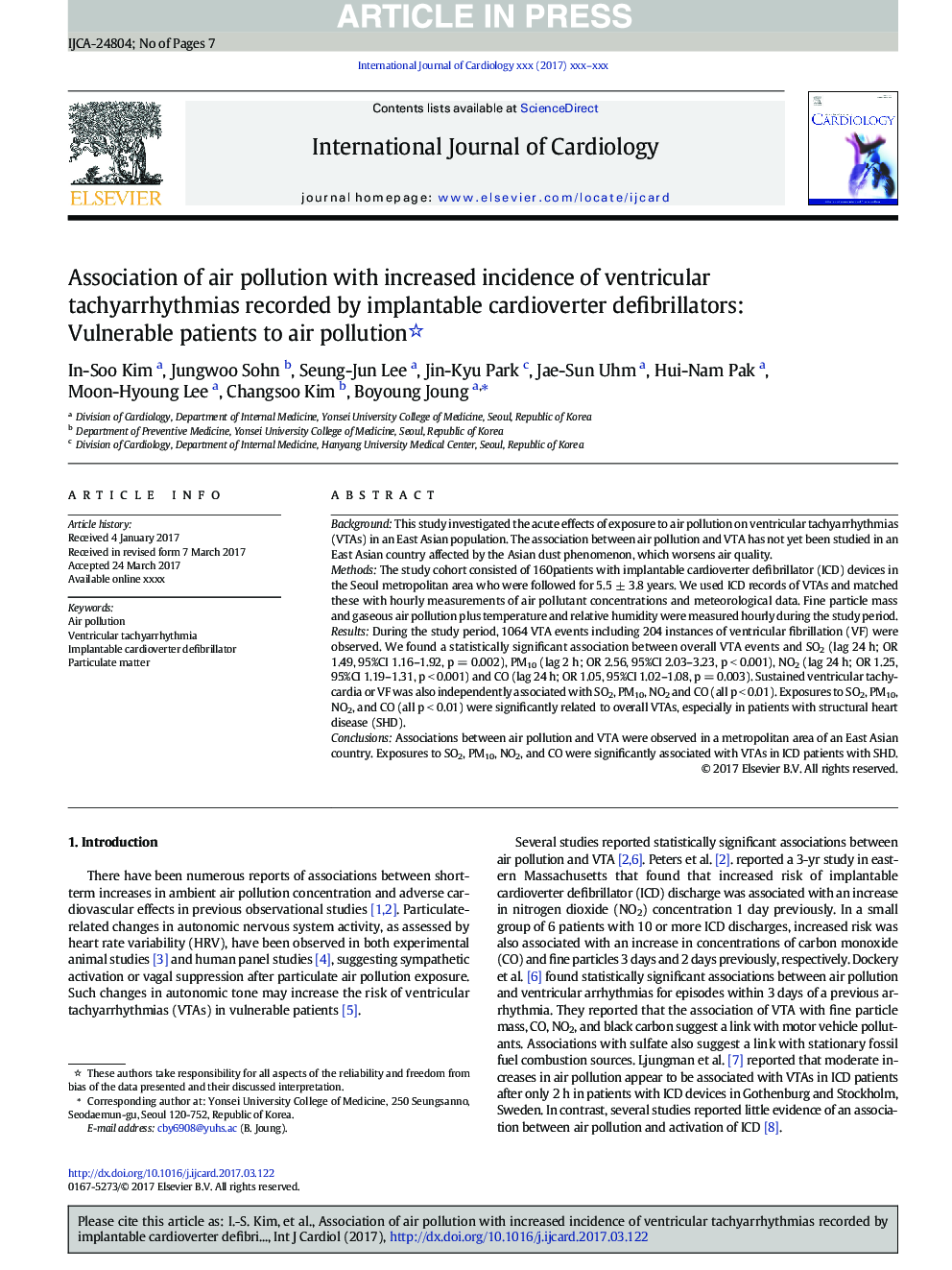 Association of air pollution with increased incidence of ventricular tachyarrhythmias recorded by implantable cardioverter defibrillators: Vulnerable patients to air pollution