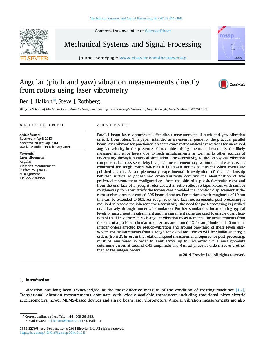 Angular (pitch and yaw) vibration measurements directly from rotors using laser vibrometry