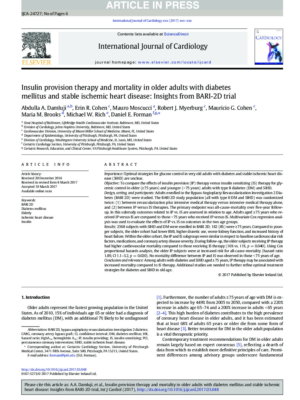 Insulin provision therapy and mortality in older adults with diabetes mellitus and stable ischemic heart disease: Insights from BARI-2D trial