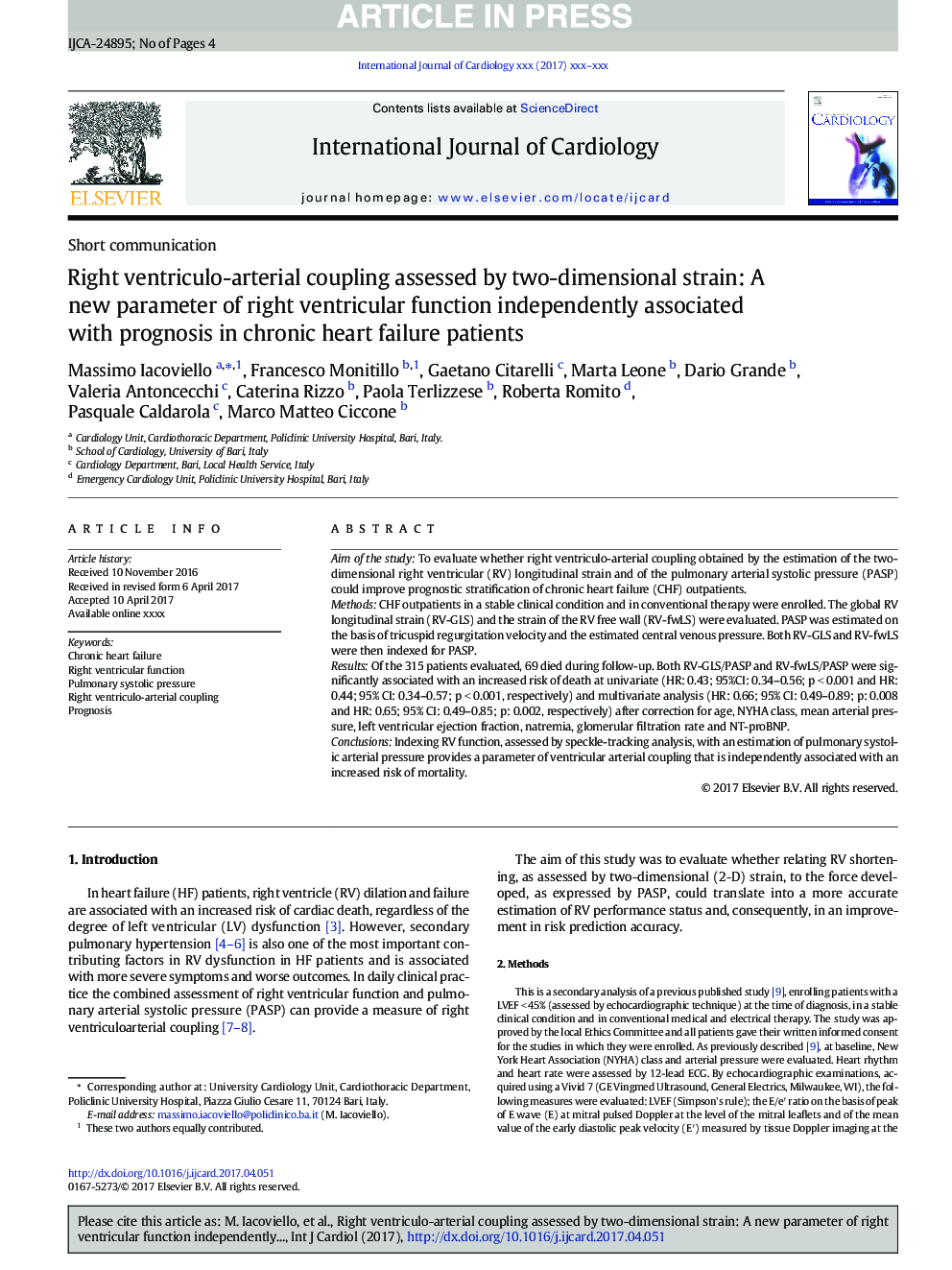 Right ventriculo-arterial coupling assessed by two-dimensional strain: A new parameter of right ventricular function independently associated with prognosis in chronic heart failure patients